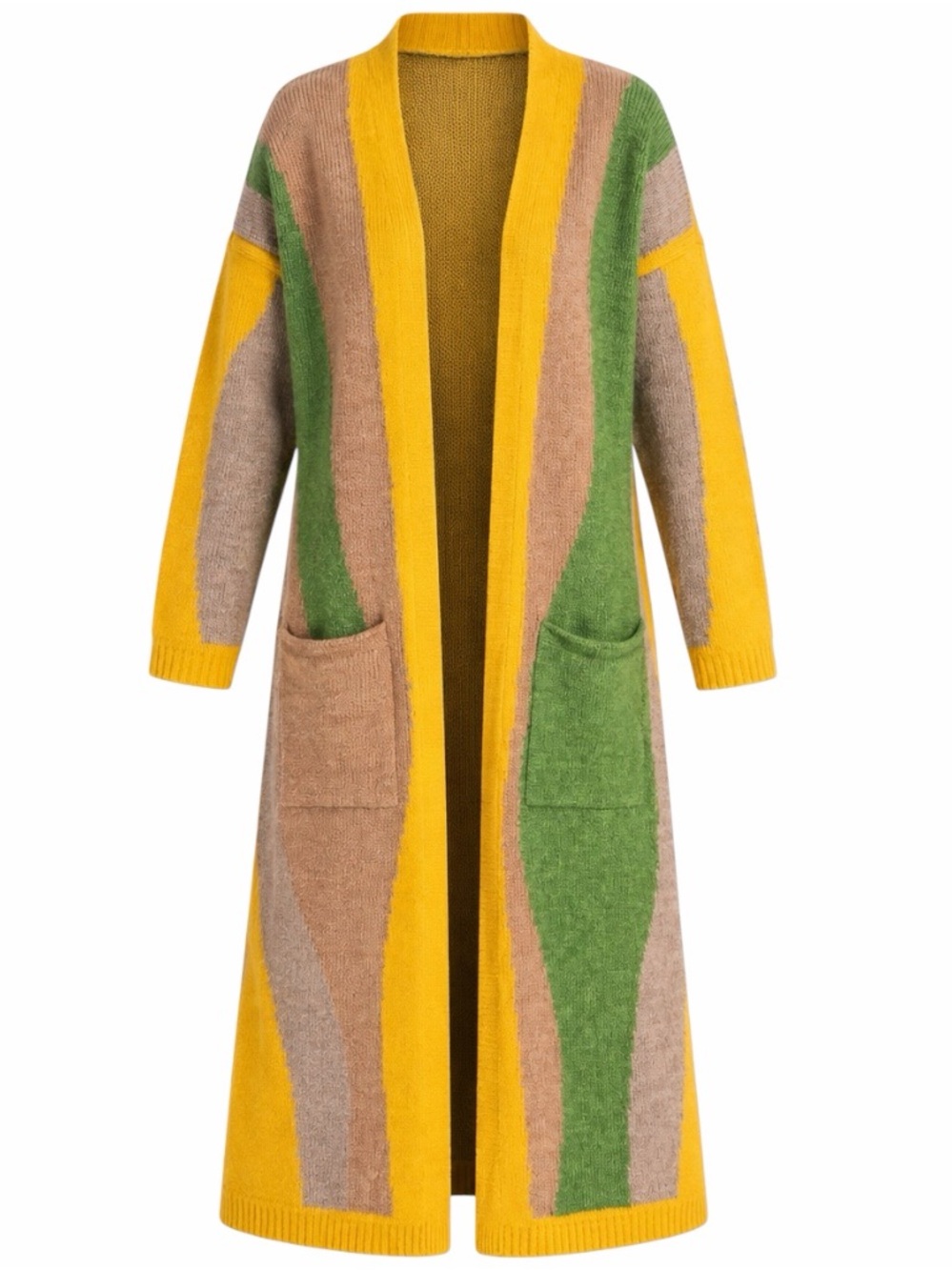 Long Open-Front Yellow and Green Wave Knit Cardigan Size 3X